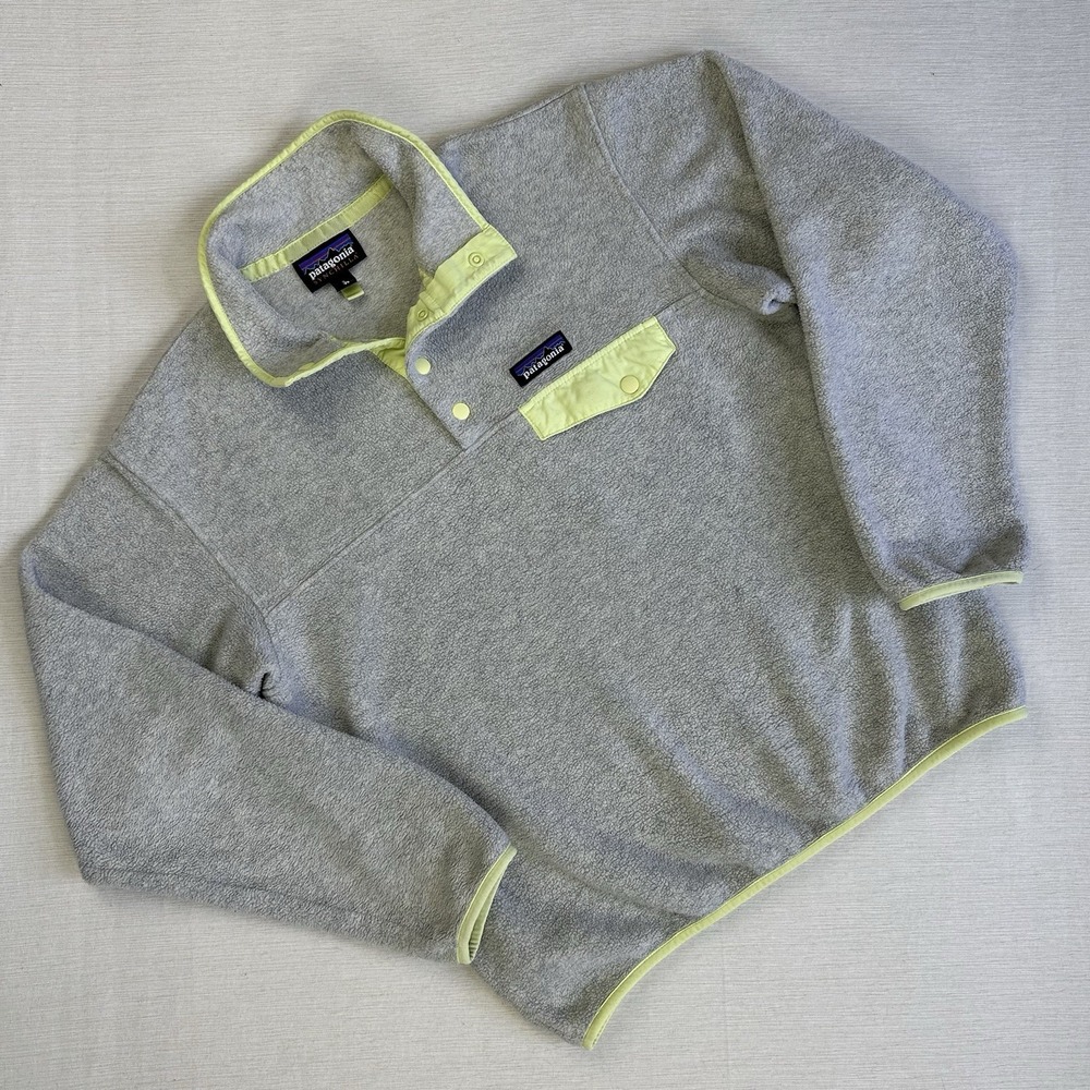 Patagonia Snap-T Synchilla Fleece Pullover Women Small Gray Yellow Trim Gorpcore